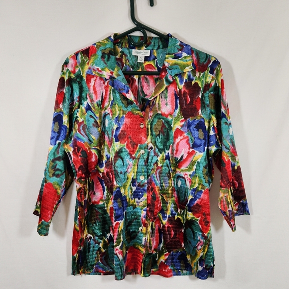 coldwater creek bright watercolor floral tulip button up blouse sz LP abstract - Picture 1 of 11